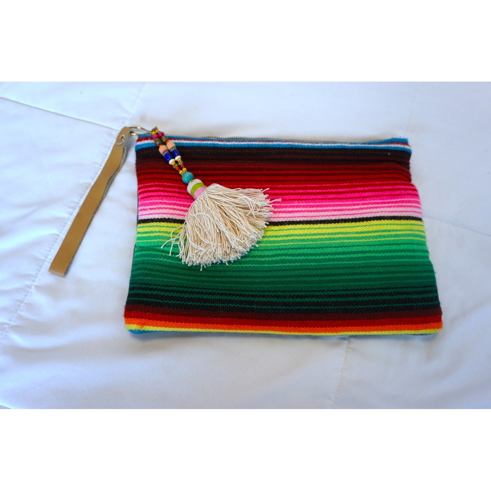 GAIA Empowered Women Serape Stripe Suede Tassel Wristlet Clutch Bag Multi Navy